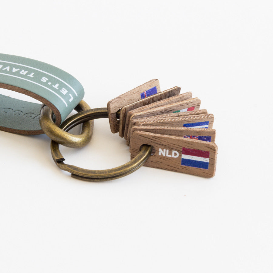 Varias tags de países, colocadas en un llavero