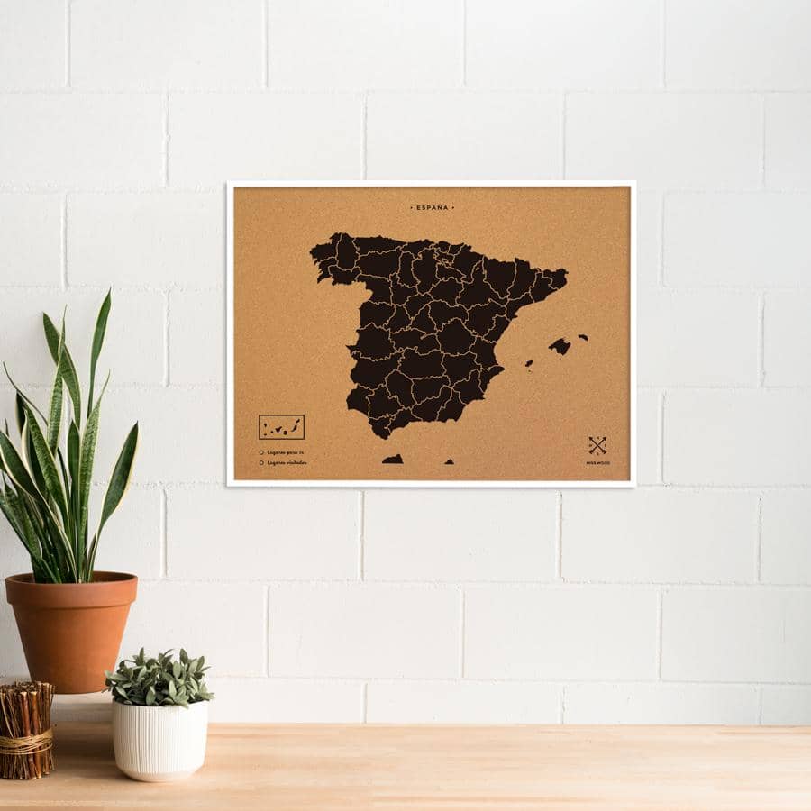 Mapa de corcho - Woody Map Natural España-90 x 60 cm / Negro / Marco Blanco-90 x 60 cm-Negro-Marco BlancoMisswood