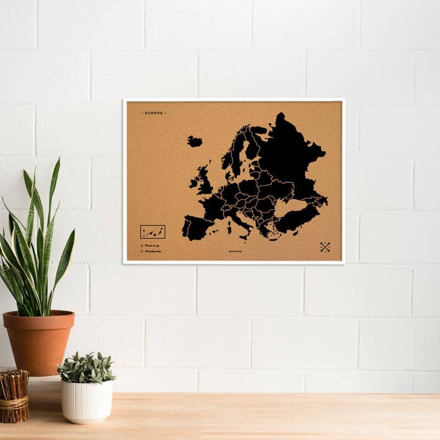 Mapa de corcho - Woody Map Natural Europa-Negro / 90x60 cm / Marco Blanco-Negro-90x60 cm-Marco BlancoMisswood