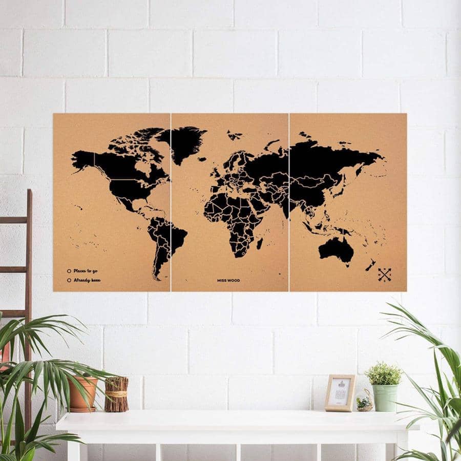 Mapamundi corcho - Woody Map Natural World-180 x 90 cm / Negro / Sin marco-180 x 90 cm-Negro-Sin marcoMisswood