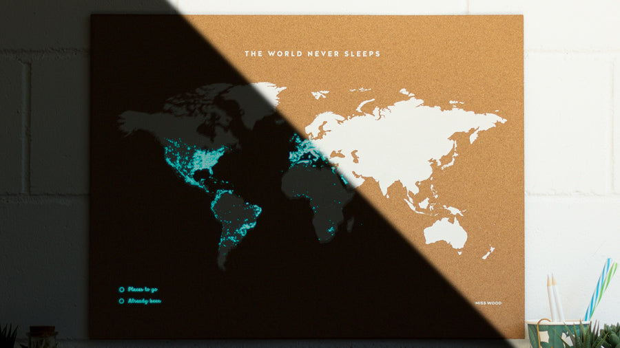 Carte du monde en liège - fond bleu, impression brun (180 x 90 cm