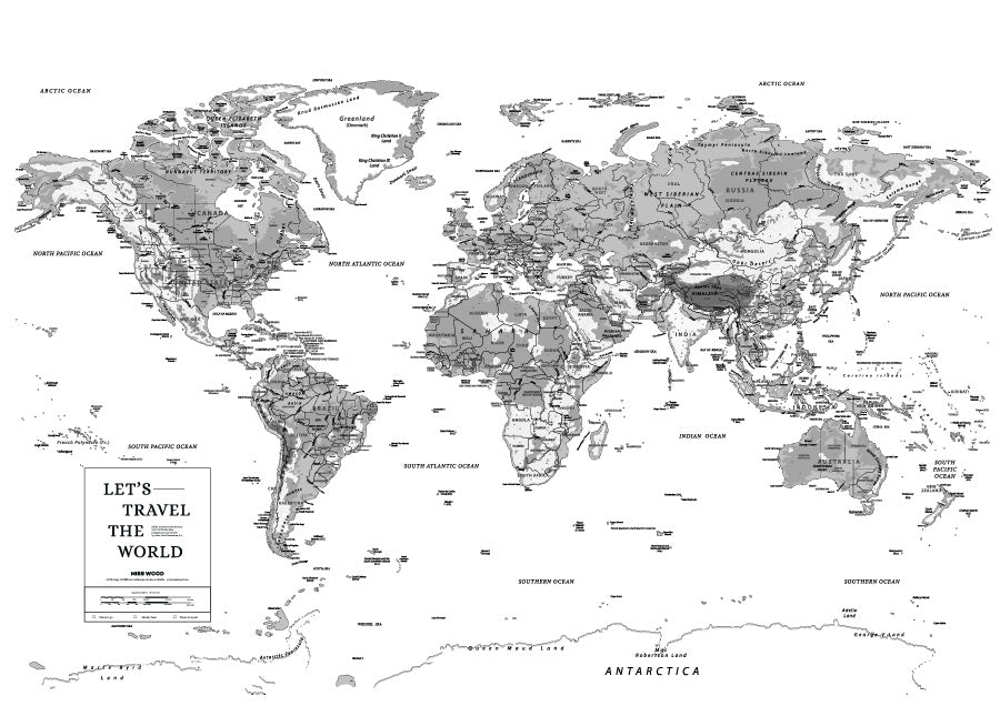 Mapa del mundo físico en blanco y negro con todos los nombres de los ríos montañas y países