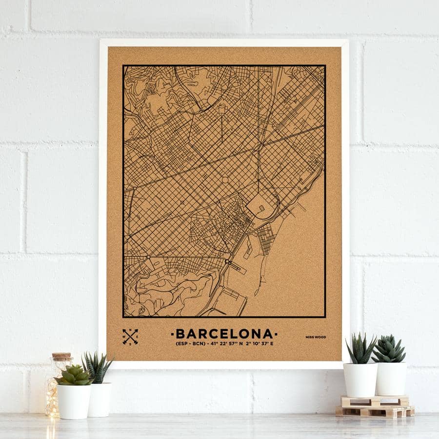 Mapa de corcho - Woody Map Natural Barcelona-90 x 60 cm / Negro / Marco Blanco-90 x 60 cm-Negro-Marco BlancoMisswood