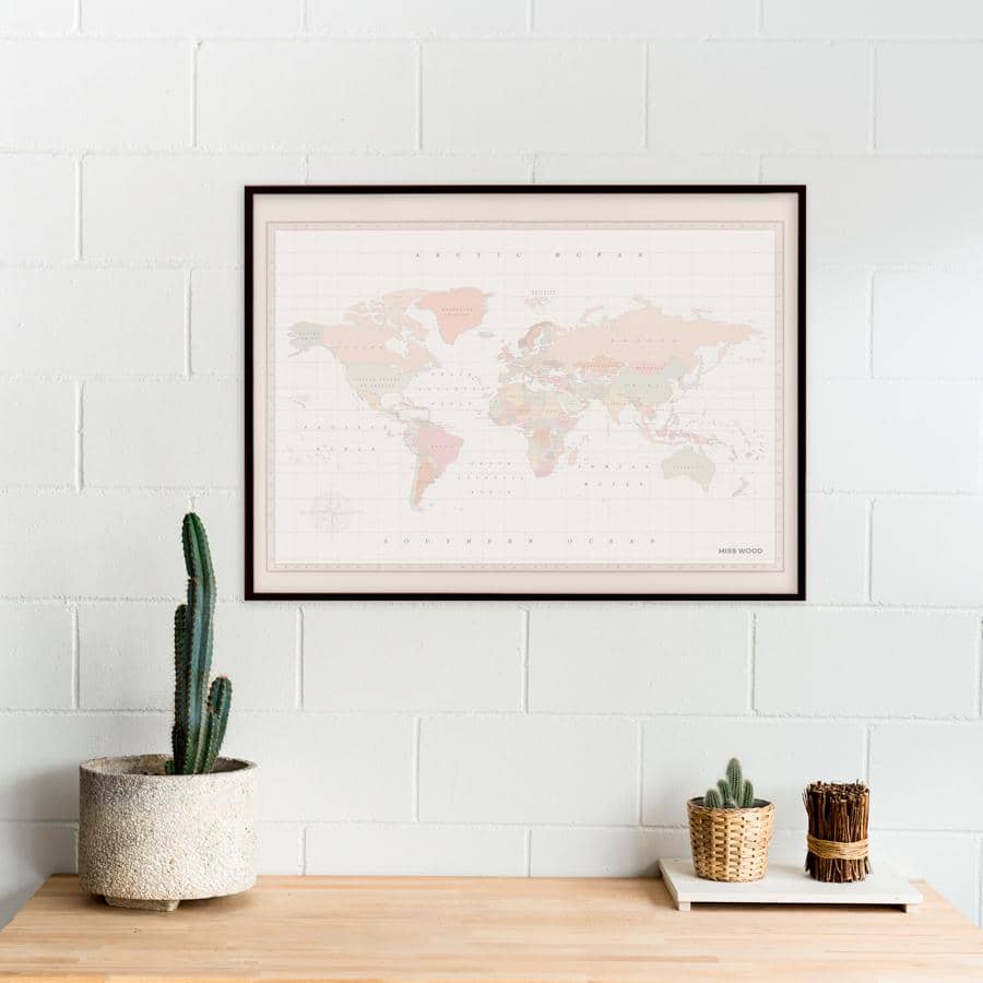 Mapamundi corcho - Woody Map Watercolor Colonial-90 x 60 cm / Marco Negro-90 x 60 cm-Marco Negro-Misswood