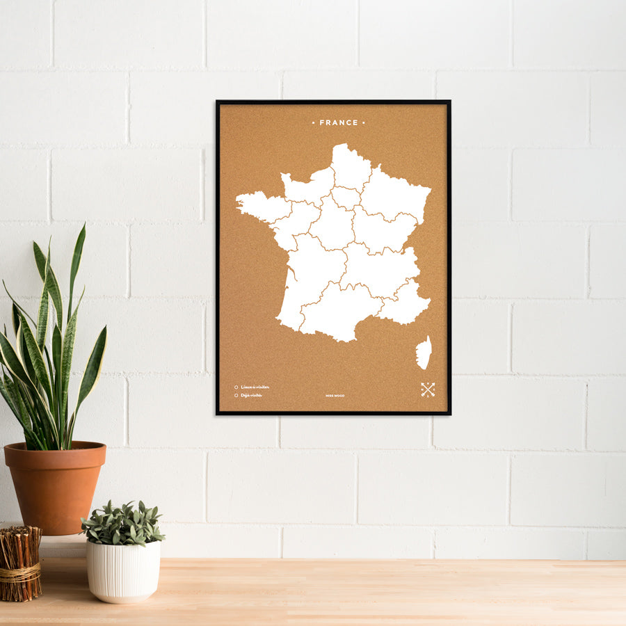 Mapa de corcho - Woody Map Natural Francia-90 x 60 cm / Blanco / Marco Negro-90 x 60 cm-Blanco-Marco NegroMisswood
