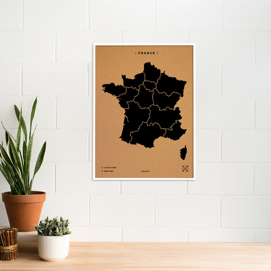 Mapa de corcho - Woody Map Natural Francia-90 x 60 cm / Negro / Marco Blanco-90 x 60 cm-Negro-Marco BlancoMisswood