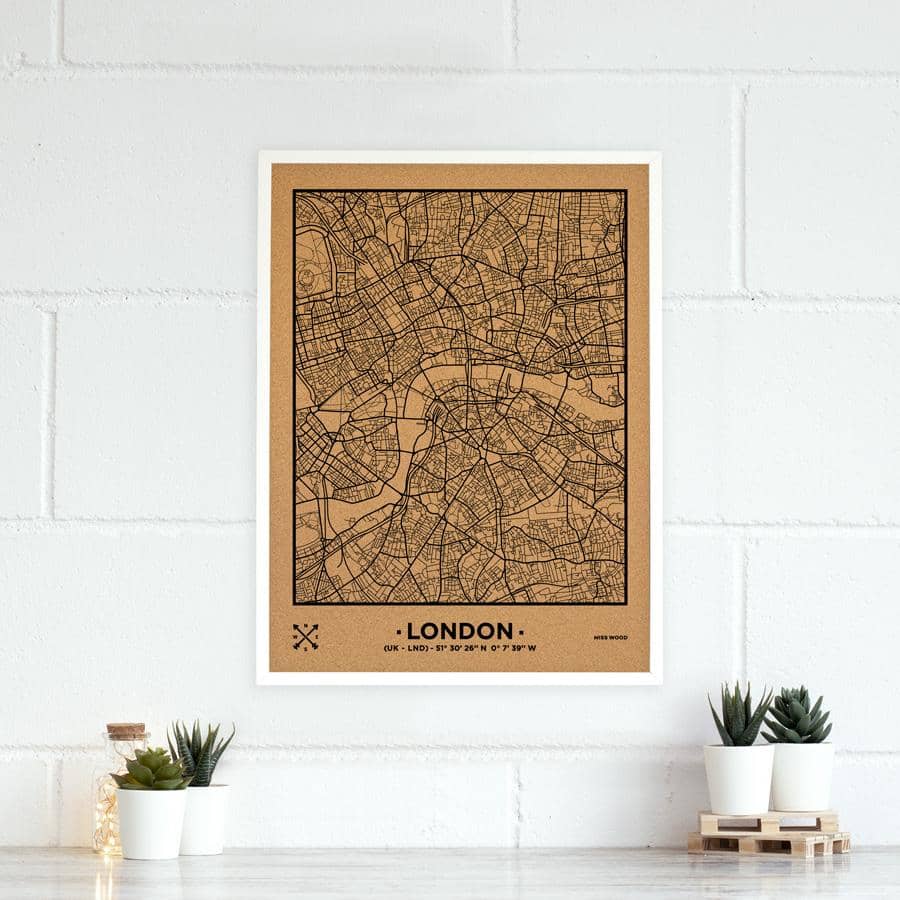 Mapa de corcho - Woody Map Natural Londres-60 x 45 cm / Negro / Marco Blanco-60 x 45 cm-Negro-Marco BlancoMisswood