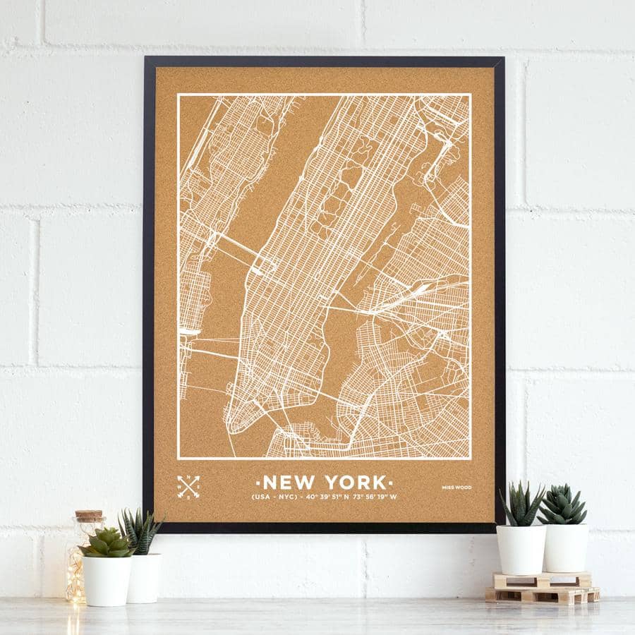 Mapa de corcho - Woody Map Natural Nueva York-90 x 60 cm / Blanco / Marco Negro-90 x 60 cm-Blanco-Marco NegroMisswood