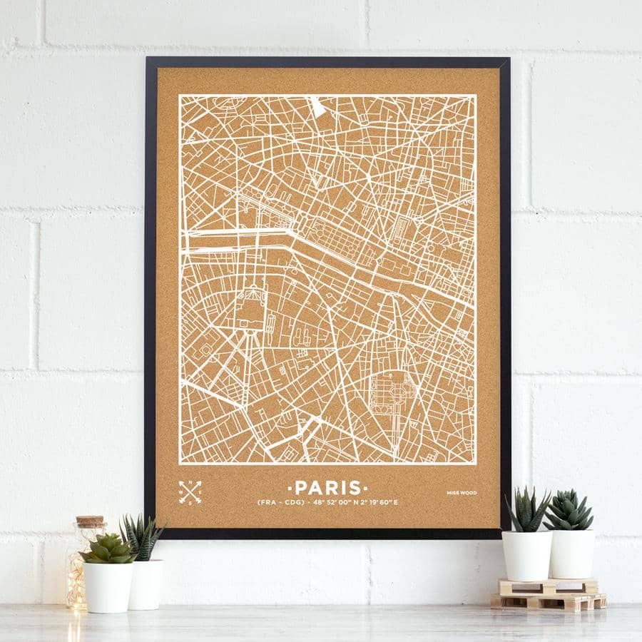 Mapa de corcho - Woody Map Natural Paris-90 x 60 cm / Blanco / Marco Negro-90 x 60 cm-Blanco-Marco NegroMisswood