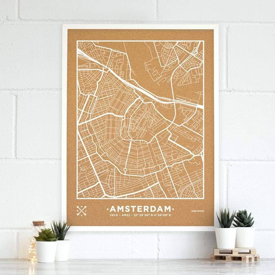 Mapa de corcho - Woody Map Natural Amsterdam-90 x 60 cm / Blanco / Marco Blanco-90 x 60 cm-Blanco-Marco BlancoMisswood