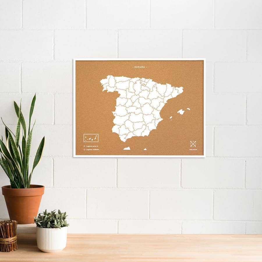 Mapa de corcho - Woody Map Natural España-90 x 60 cm / Blanco / Marco Blanco-90 x 60 cm-Blanco-Marco BlancoMisswood