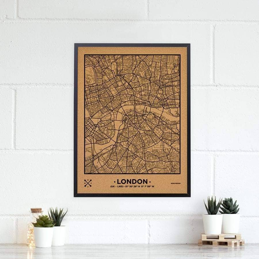Mapa de corcho - Woody Map Natural Londres-60 x 45 cm / Negro / Marco Negro-60 x 45 cm-Negro-Marco NegroMisswood