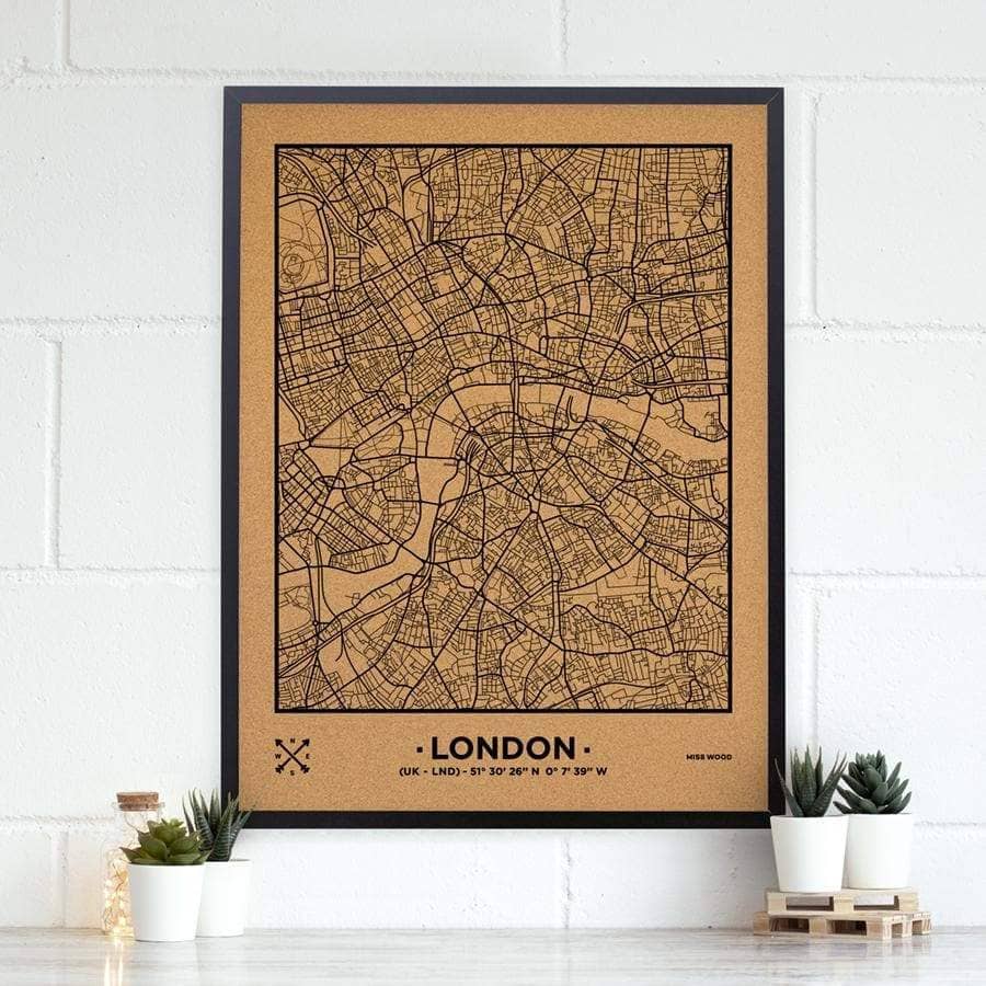 Mapa de corcho - Woody Map Natural Londres-90 x 60 cm / Negro / Marco Negro-90 x 60 cm-Negro-Marco NegroMisswood