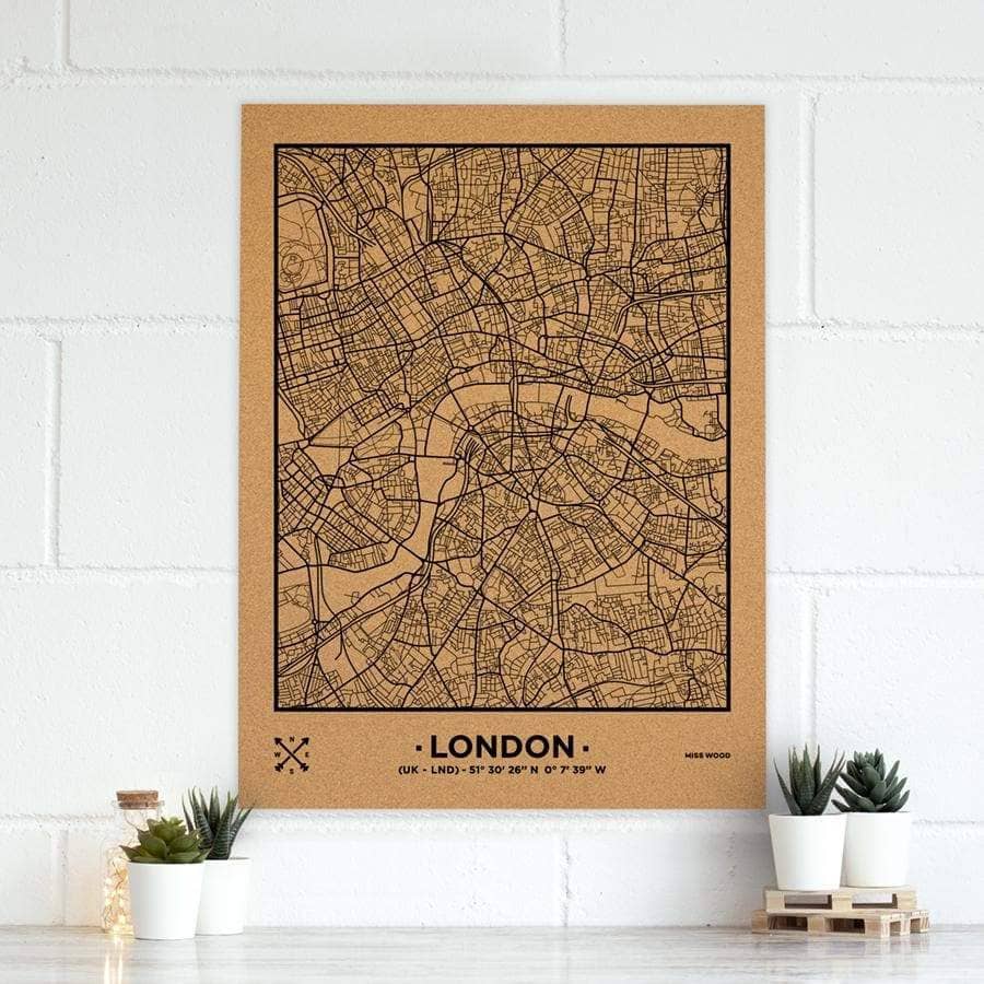 Mapa de corcho - Woody Map Natural Londres-90 x 60 cm / Negro / Sin Marco-90 x 60 cm-Negro-Sin MarcoMisswood