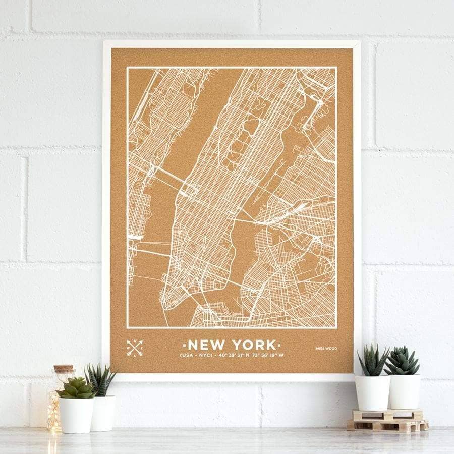 Mapa de corcho - Woody Map Natural Nueva York-90 x 60 cm / Blanco / Marco Blanco-90 x 60 cm-Blanco-Marco BlancoMisswood