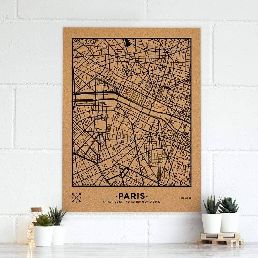 Mapa de corcho - Woody Map Natural Paris-90 x 60 cm / Negro / Sin Marco-90 x 60 cm-Negro-Sin MarcoMisswood